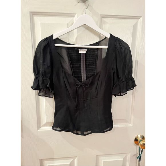 Reformation Delevan Black Smocked Sheer Puff Sleeve Top sz 2 EUC - Picture 2 of 7